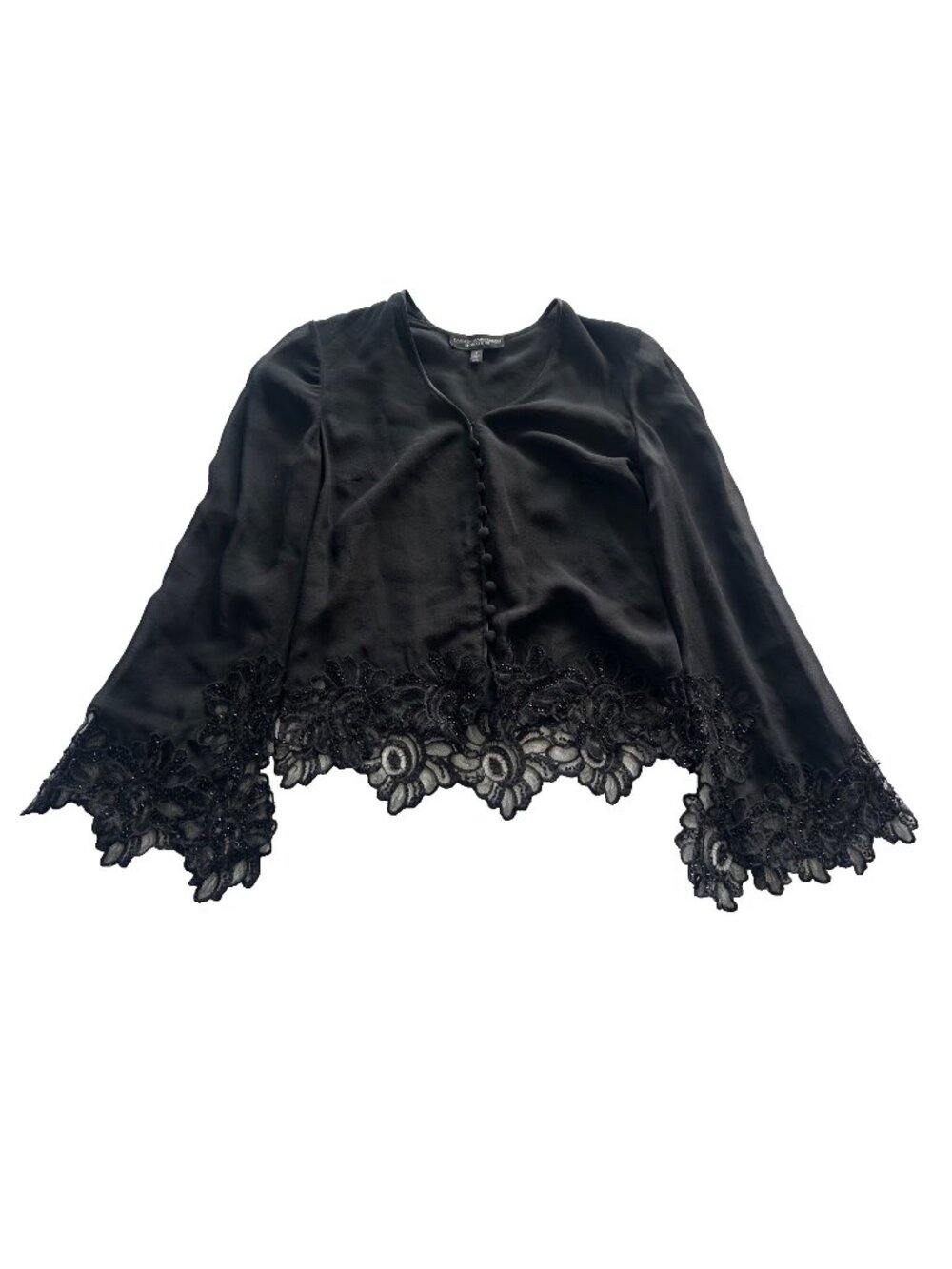 Womens Sz 2 Silk Black Flare Sleeve Lace Trim Dark Fairy Whimsigoth Blouse